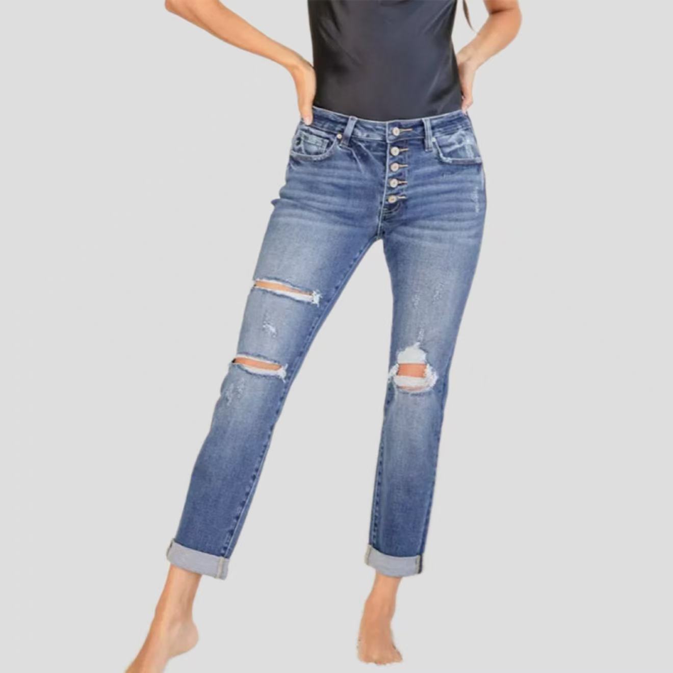 Womens Slim-Fit Ripped Cuffed Denim Jeans