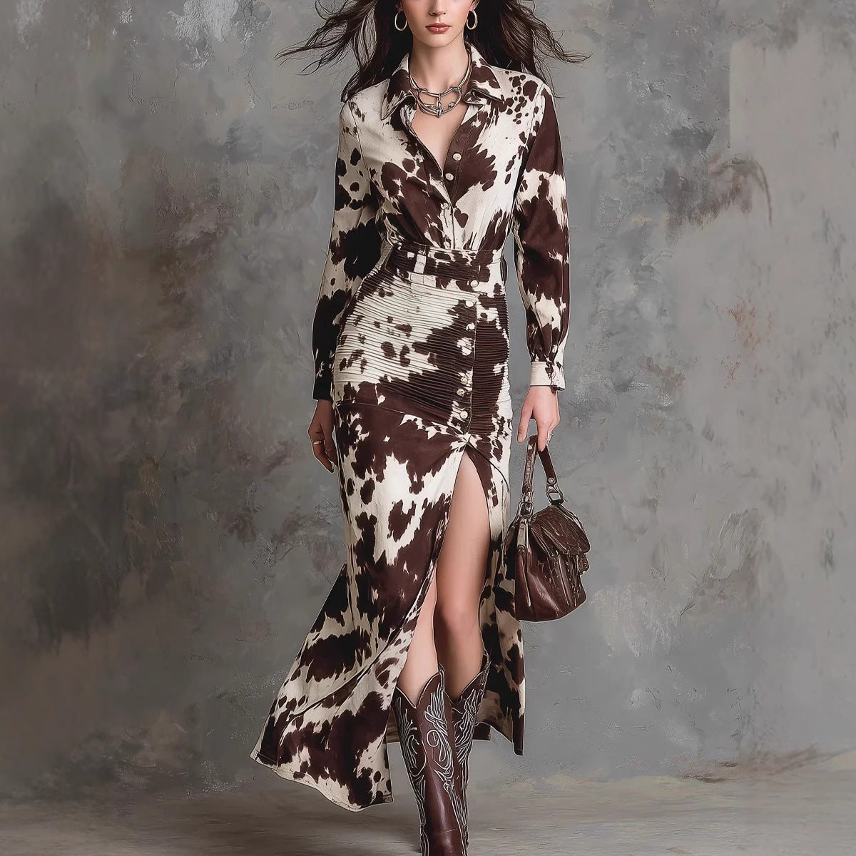 Digital-print Cardigan Long-sleeve Button-down Irregular-length Dress