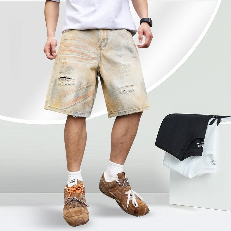 Ripped Straight-leg Denim Men's Shorts