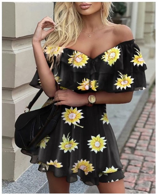 One-line neck strapless ruffle dress