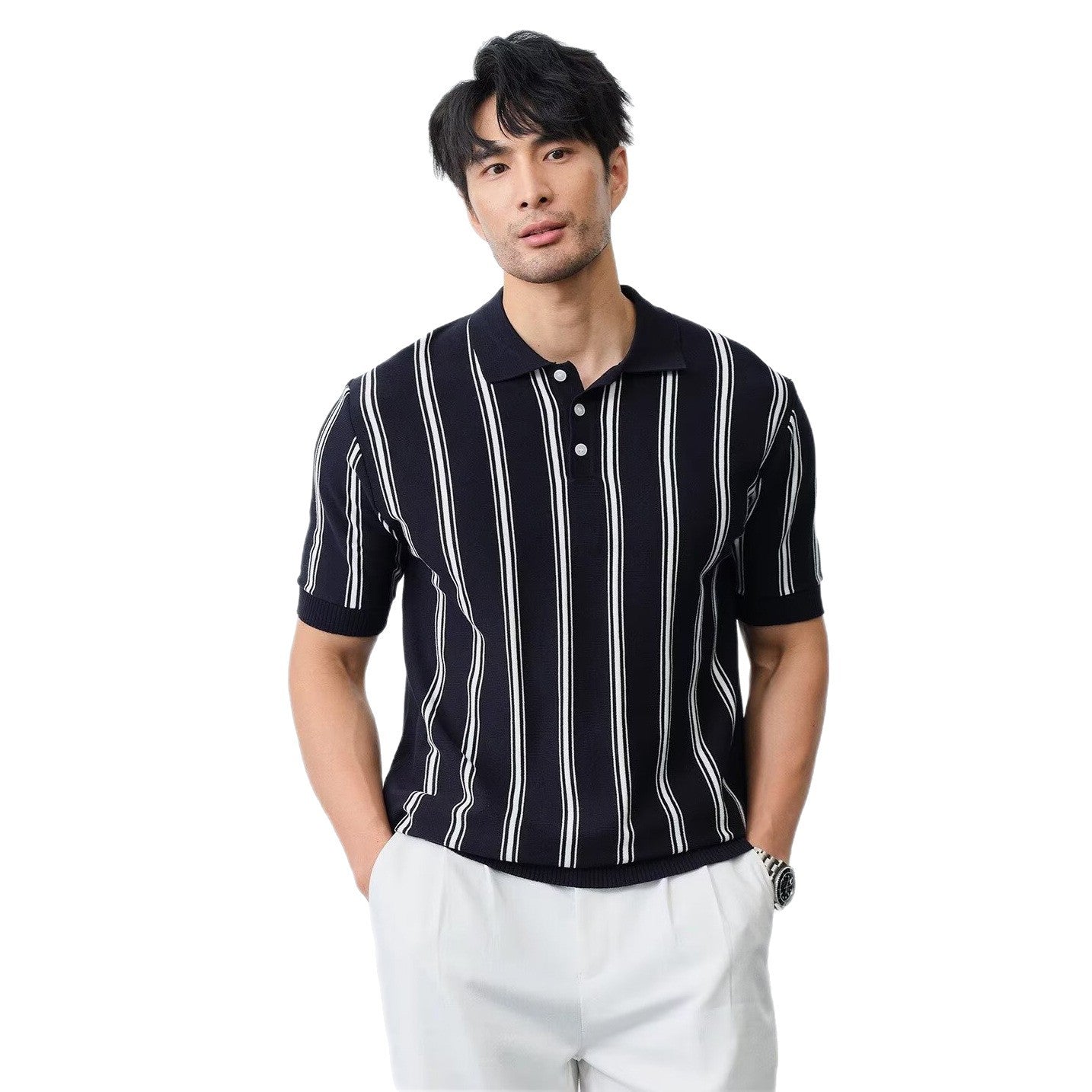 Men's Striped Short-sleeve Knitted Shirt With Lapel