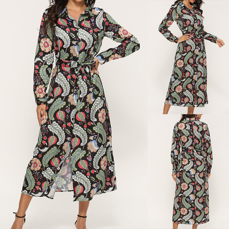 Ladies Fashion Casual Printed Chiffon Long Sleeve Shirt Chiffon Skirt