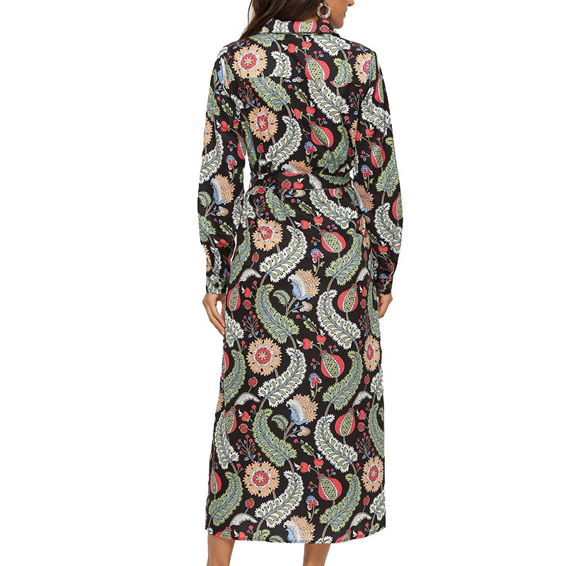 Ladies Fashion Casual Printed Chiffon Long Sleeve Shirt Chiffon Skirt