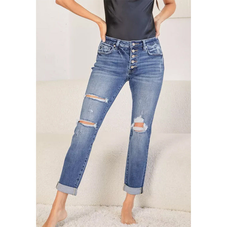 Womens Slim-Fit Ripped Cuffed Denim Jeans