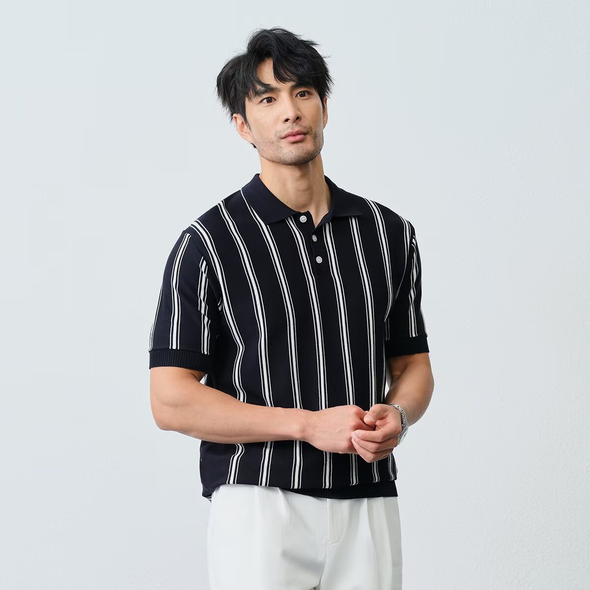 Men's Striped Short-sleeve Knitted T-Shirt