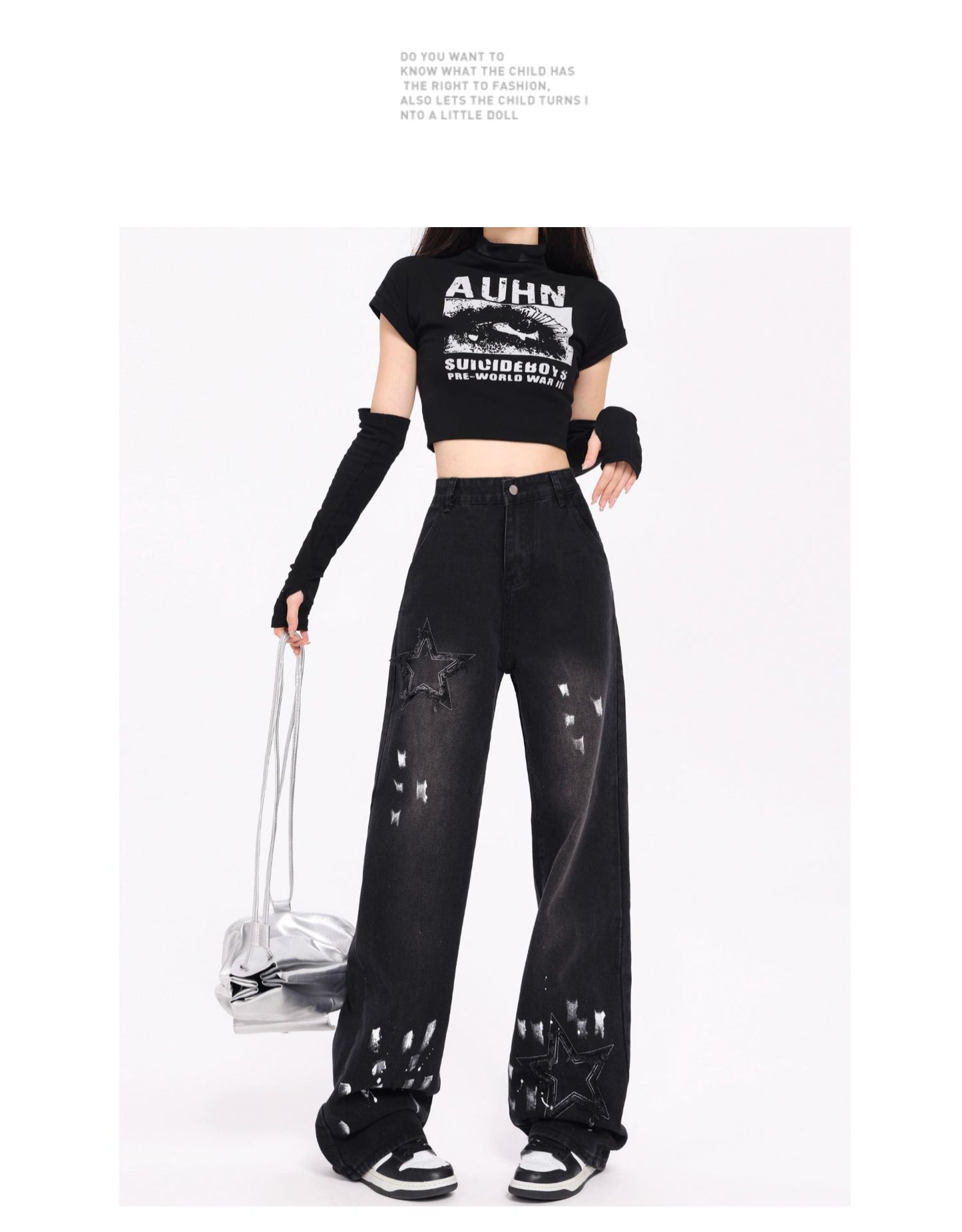 Korean Style Retro XINGX Embroidered Jeans Autumn And Winter New High Waist Splash-ink Wide Leg Straight Mop Pants