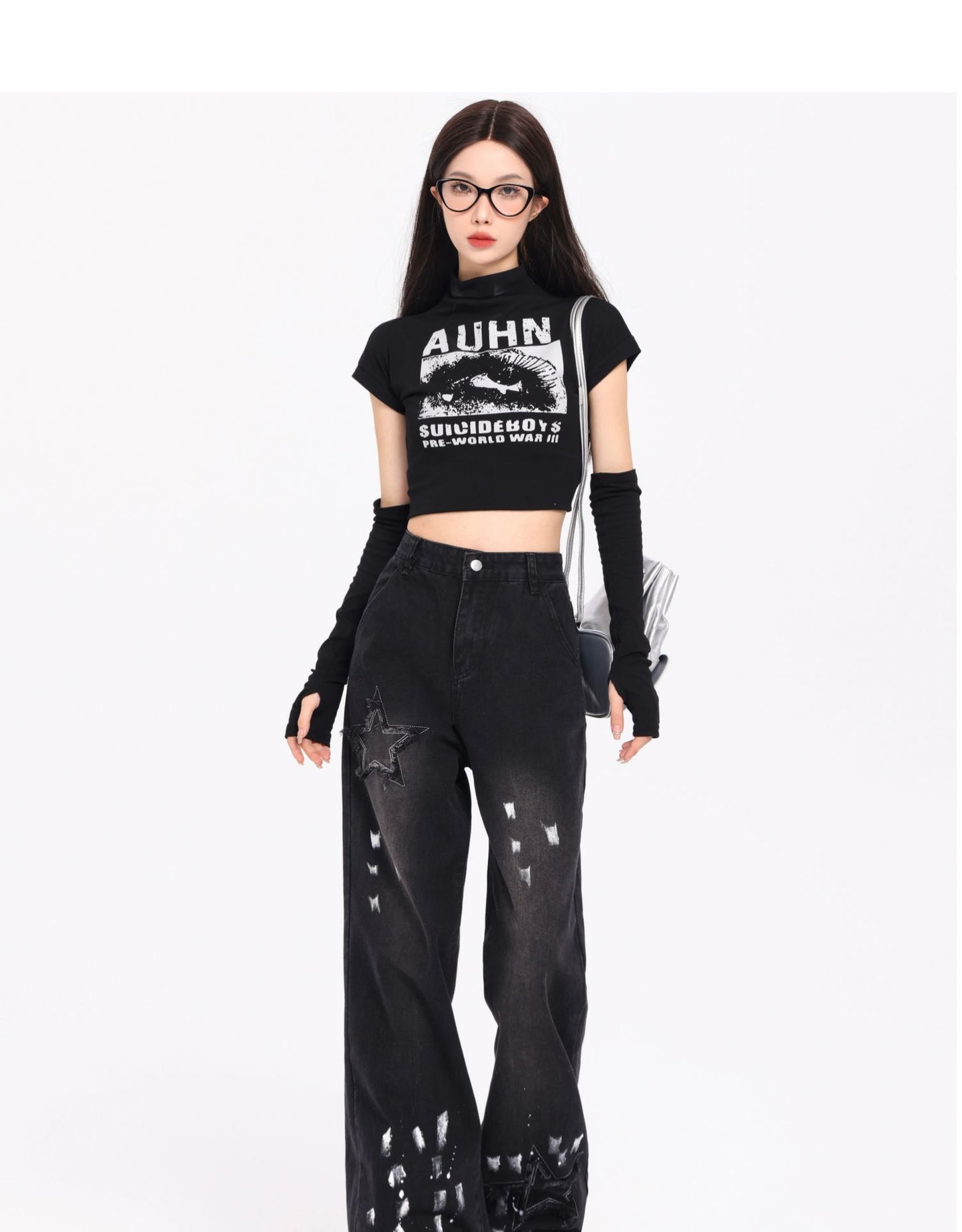Korean Style Retro XINGX Embroidered Jeans Autumn And Winter New High Waist Splash-ink Wide Leg Straight Mop Pants