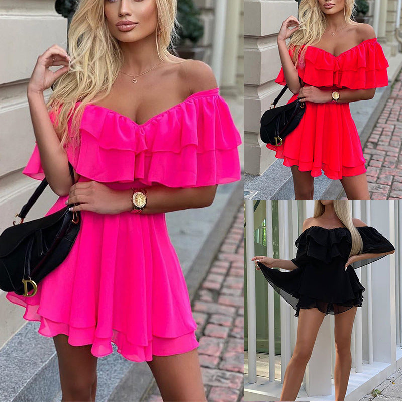 One-line neck strapless ruffle dress