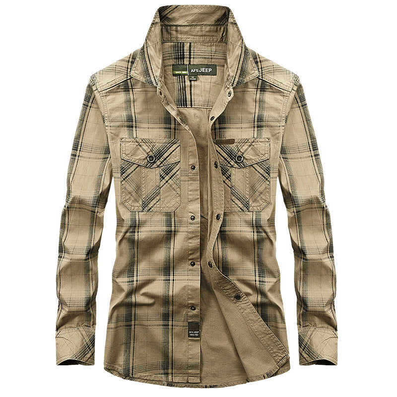 Long Sleeve Shirt Men's Plus Size Loose Cargo Cotton Shirt