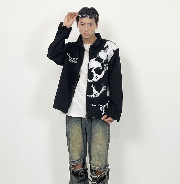 Embroidered Skull Print Black Denim Jacket