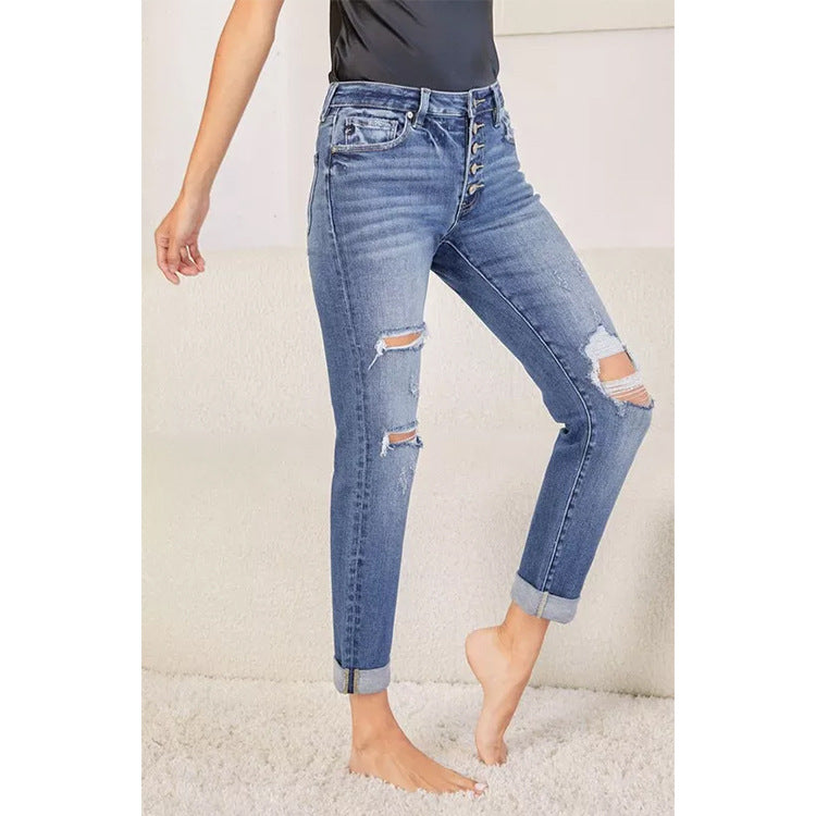Womens Slim-Fit Ripped Cuffed Denim Jeans