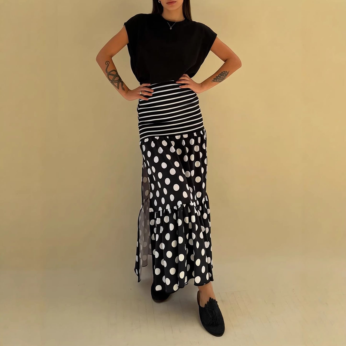 Striped And Polka-dot Long Skirt With A Slit