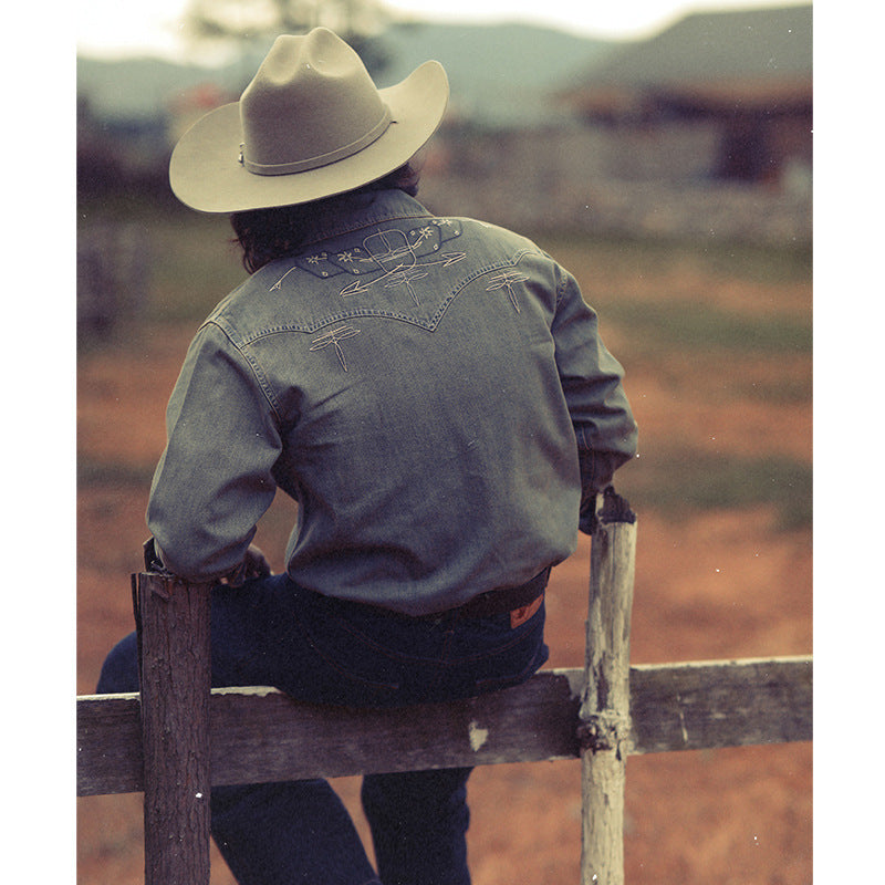 Embroidered Washed Denim American Retro Western Long Sleeve Shirt