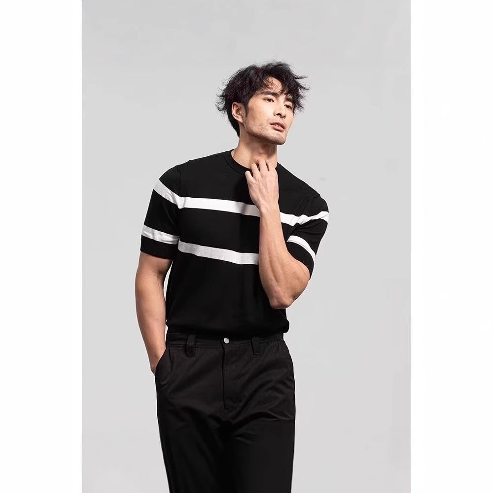 Men's Retro-style Round-neck Knitted Top With Ice Silk Short Sleeves