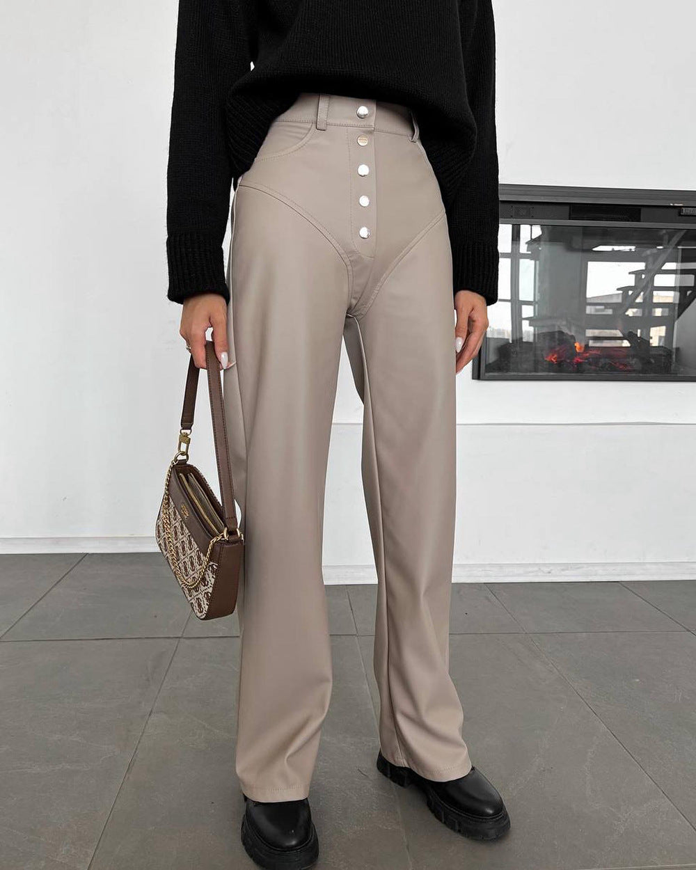 Autumn And Winter High Waist Leather Stitching Length Women's Casual Pants