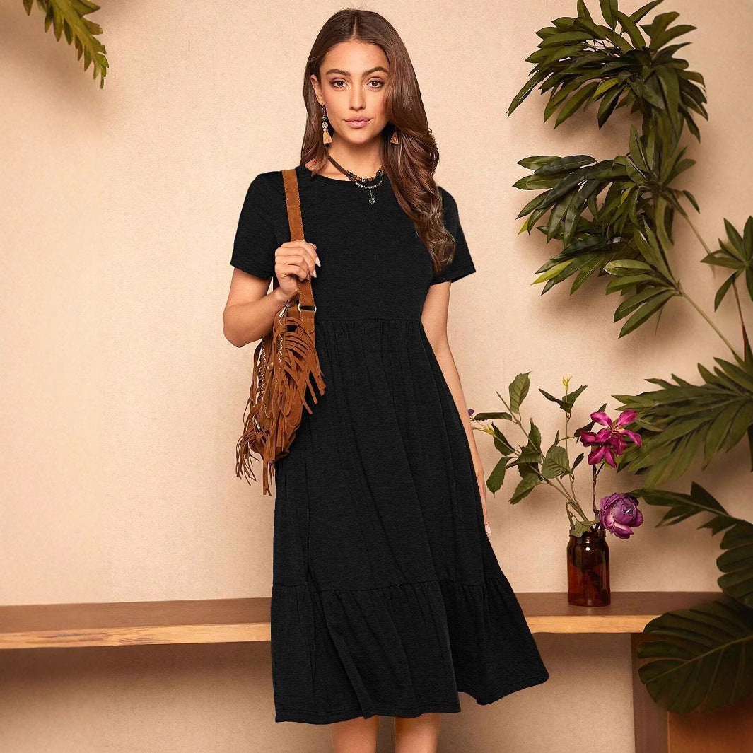 European And American Summer Pure Color Ruffles Hem Hidden Pocket Elegant Dress