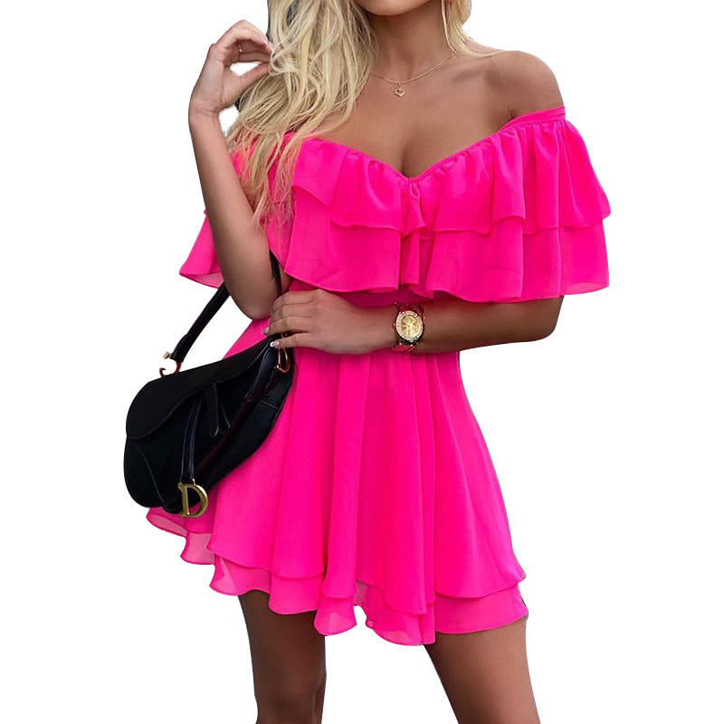One-line neck strapless ruffle dress