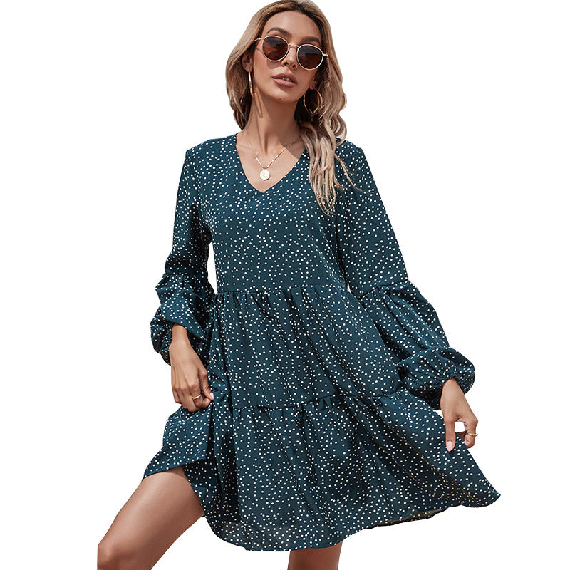 V-Neck Polka Dot Lantern Sleeve Long Sleeve Women High Waist Dress