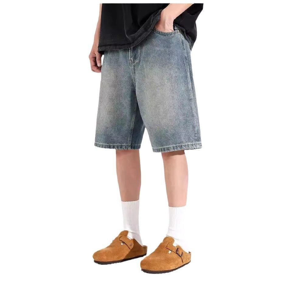 All-match Loose Straight Sports Shorts Washed Overalls Denim Shorts