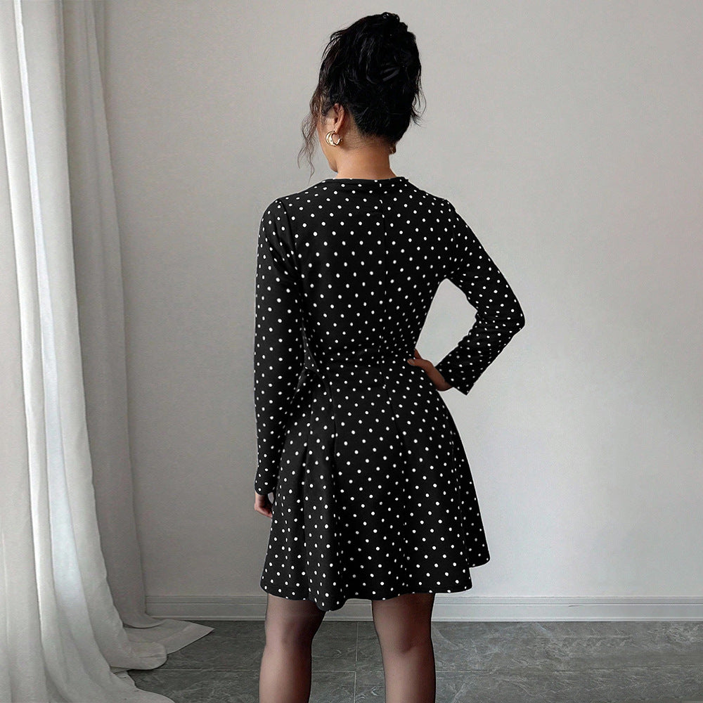 Fashionable Sweet Polka-Dot V-Neck Long-Sleeve Elastic-Waist Dress
