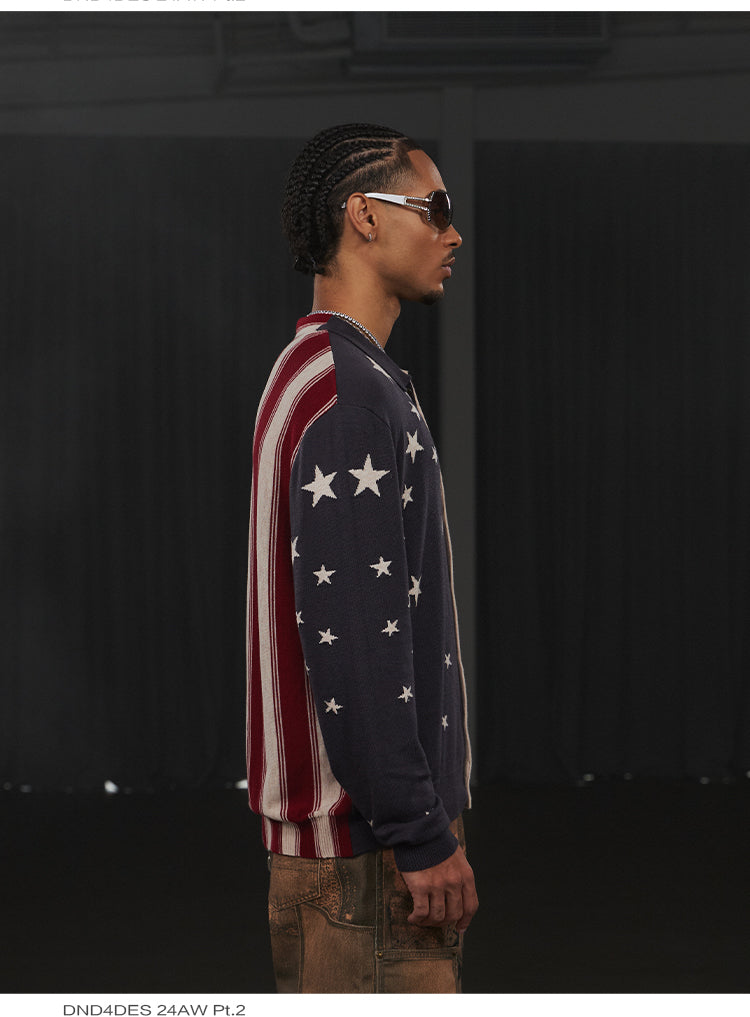 American Retro Flag XINGX Printed Striped Sweater Short Wide Long-sleeved Shirt