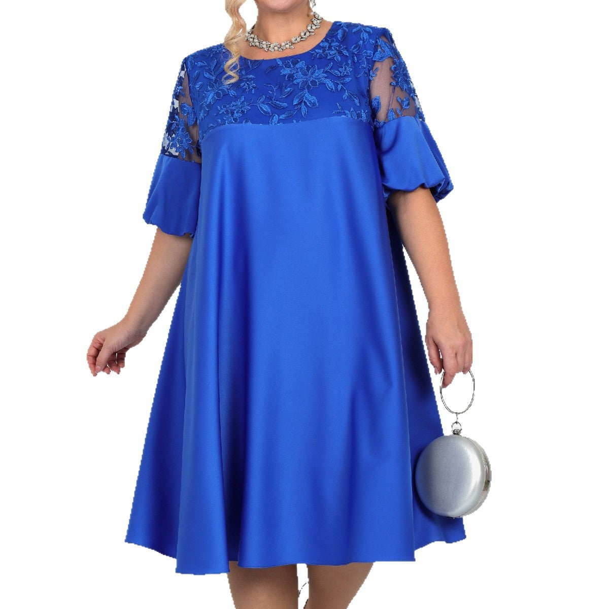 Embroidered Solid Color Patchwork Round Neck Lantern Sleeve Temperament Leisure Dress