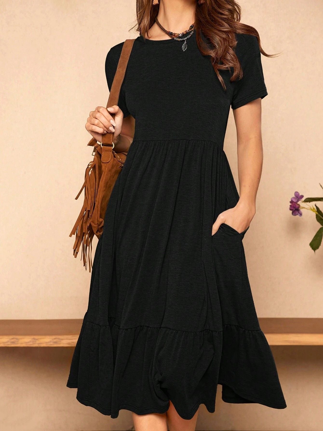 European And American Summer Pure Color Ruffles Hem Hidden Pocket Elegant Dress