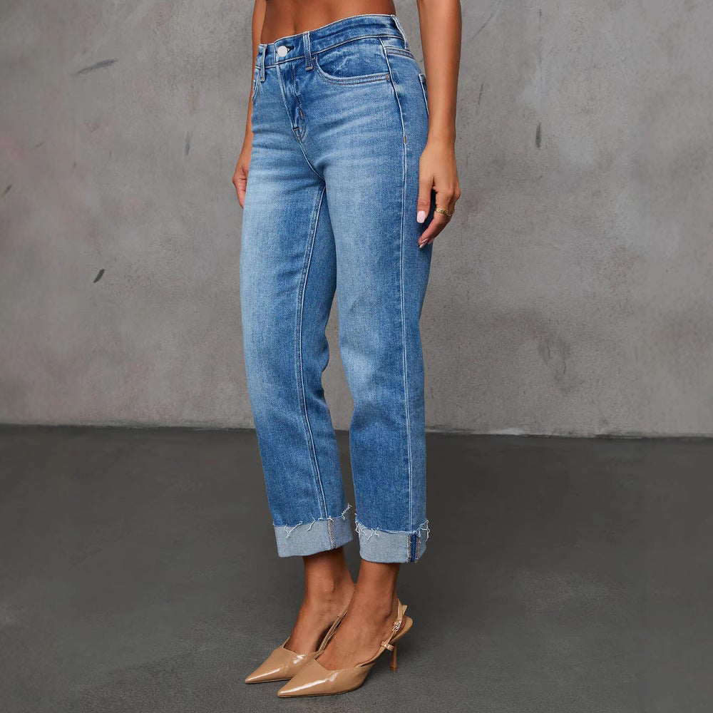 Cuffed Capri Pants, Fashionable Stretchy Whiskered Denim Jeans