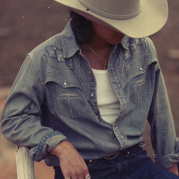 Embroidered Washed Denim American Retro Western Long Sleeve Shirt