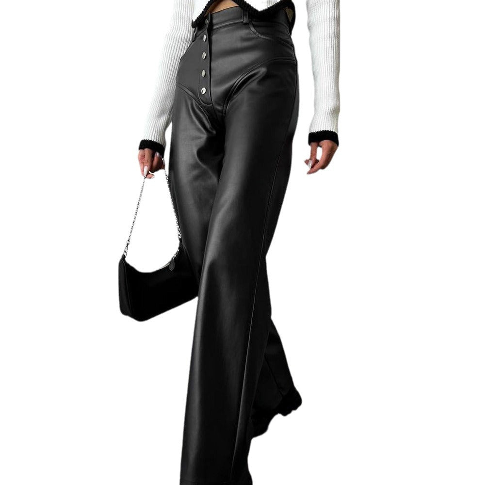 Autumn And Winter High Waist Leather Stitching Length Women's Casual Pants