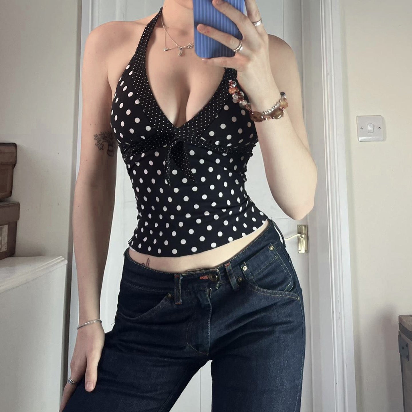 European And American-style Spicy-girl V-neck Figure-flattering Polka-dot Halter Vest