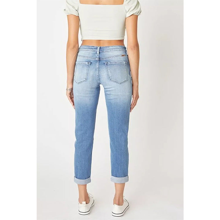 Womens Slim-Fit Ripped Cuffed Denim Jeans