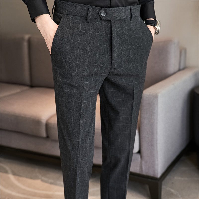 Textured Plaid Pants Slim-fit
