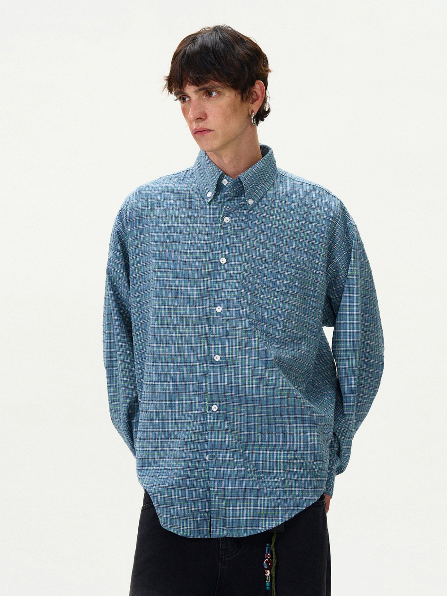 American Style Vintage Plaid Pleated Shirt