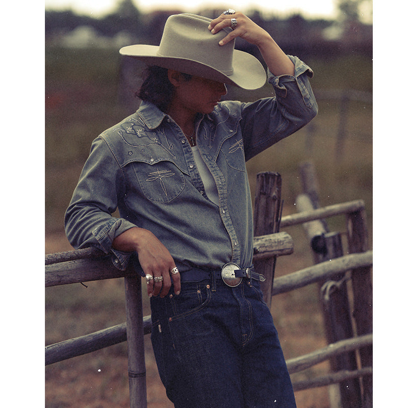 Embroidered Washed Denim American Retro Western Long Sleeve Shirt