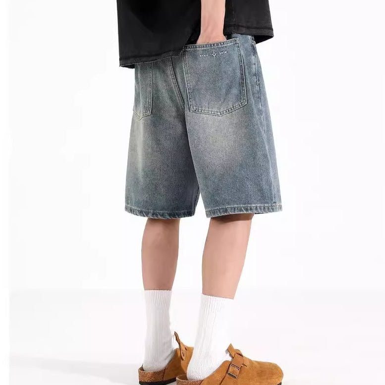 All-match Loose Straight Sports Shorts Washed Overalls Denim Shorts