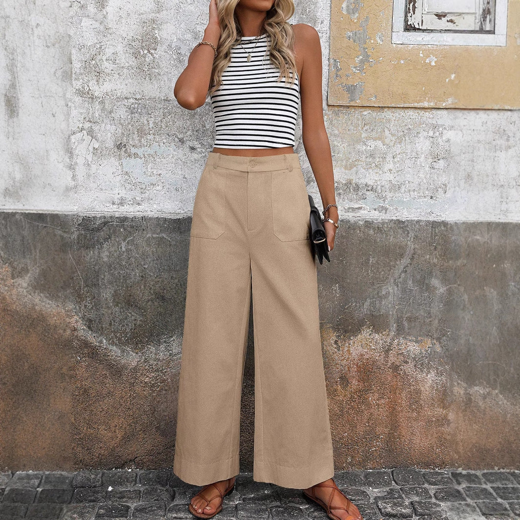 European And American Style Women's Solid Color Pants High Waist Wide Leg Trousers