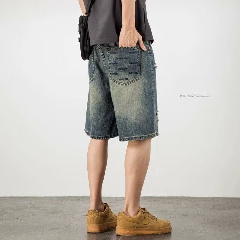 Retro Loose Hole Denim Men's Shorts
