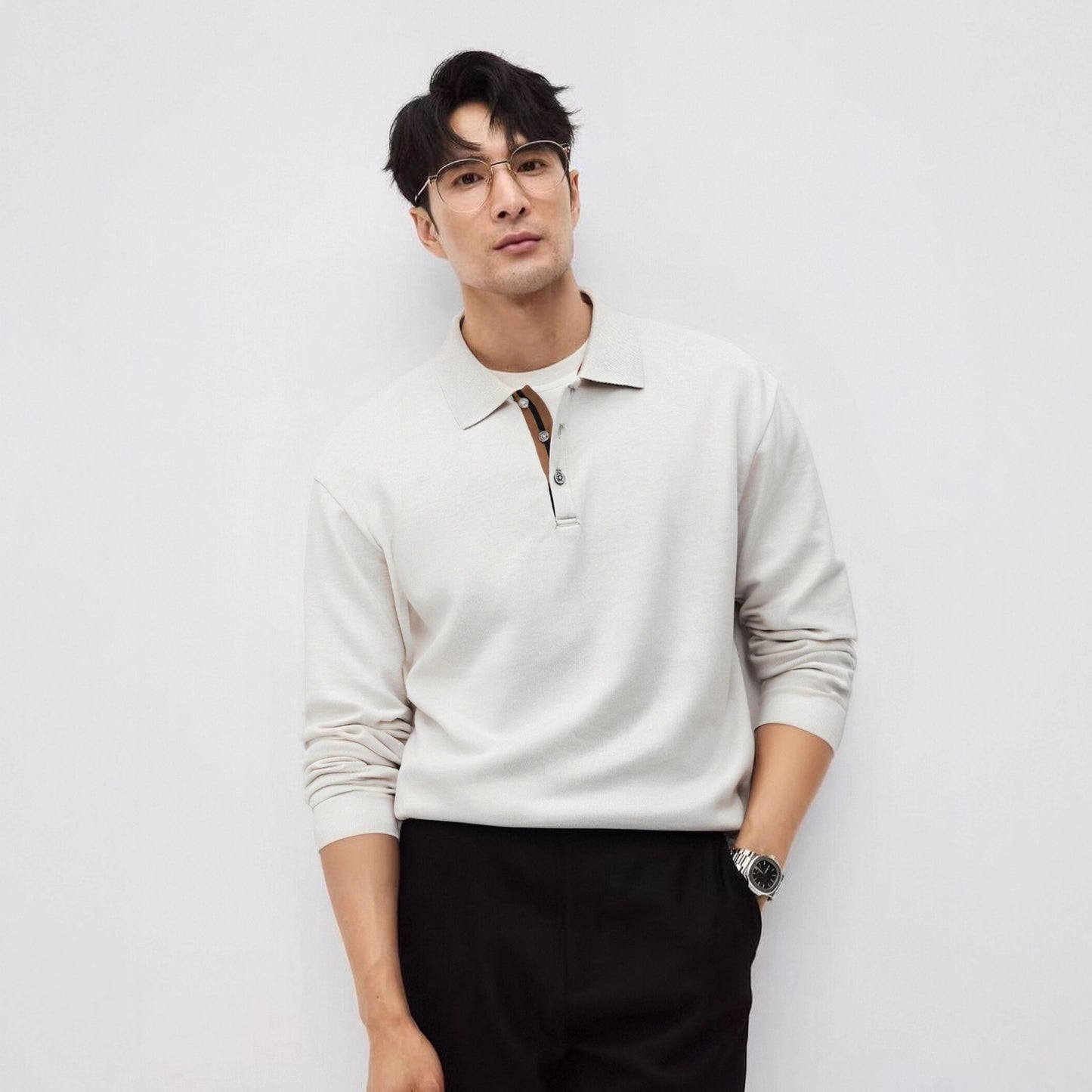 Mens Relaxed-fit Solid-color Casual Long-sleeve Shirt