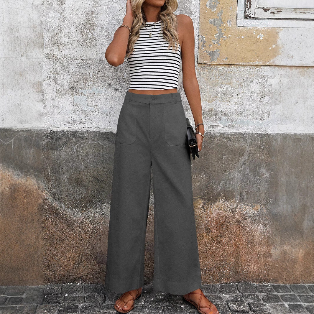 European And American Style Women's Solid Color Pants High Waist Wide Leg Trousers