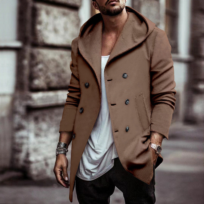 Mens Lapel Hooded Trench Coat