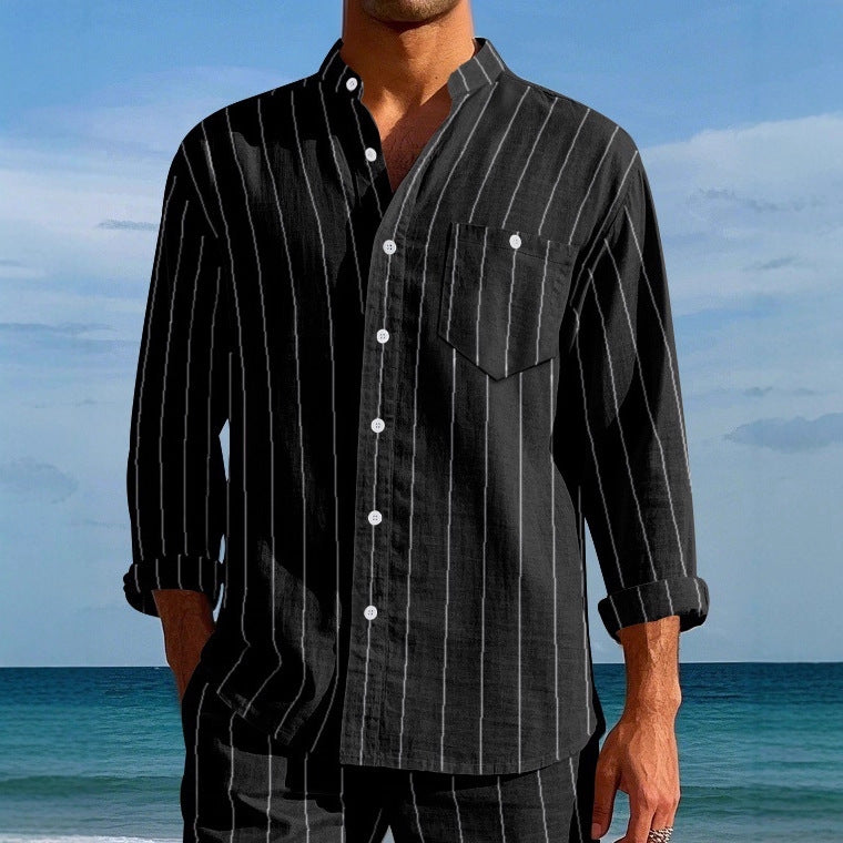 Men's Linen Fashion Shirt Striped Stand-up Collar Loose-fitting Breathable Casual