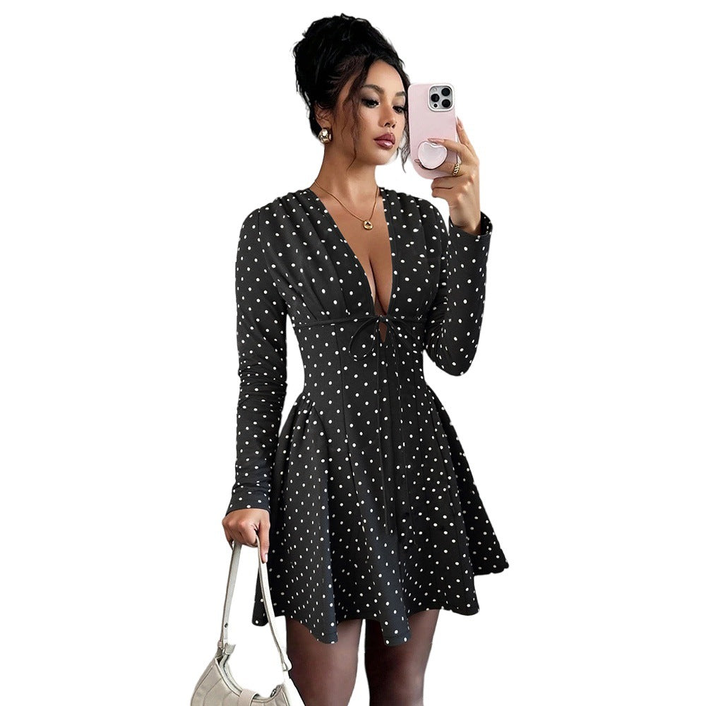 Fashionable Sweet Polka-Dot V-Neck Long-Sleeve Elastic-Waist Dress