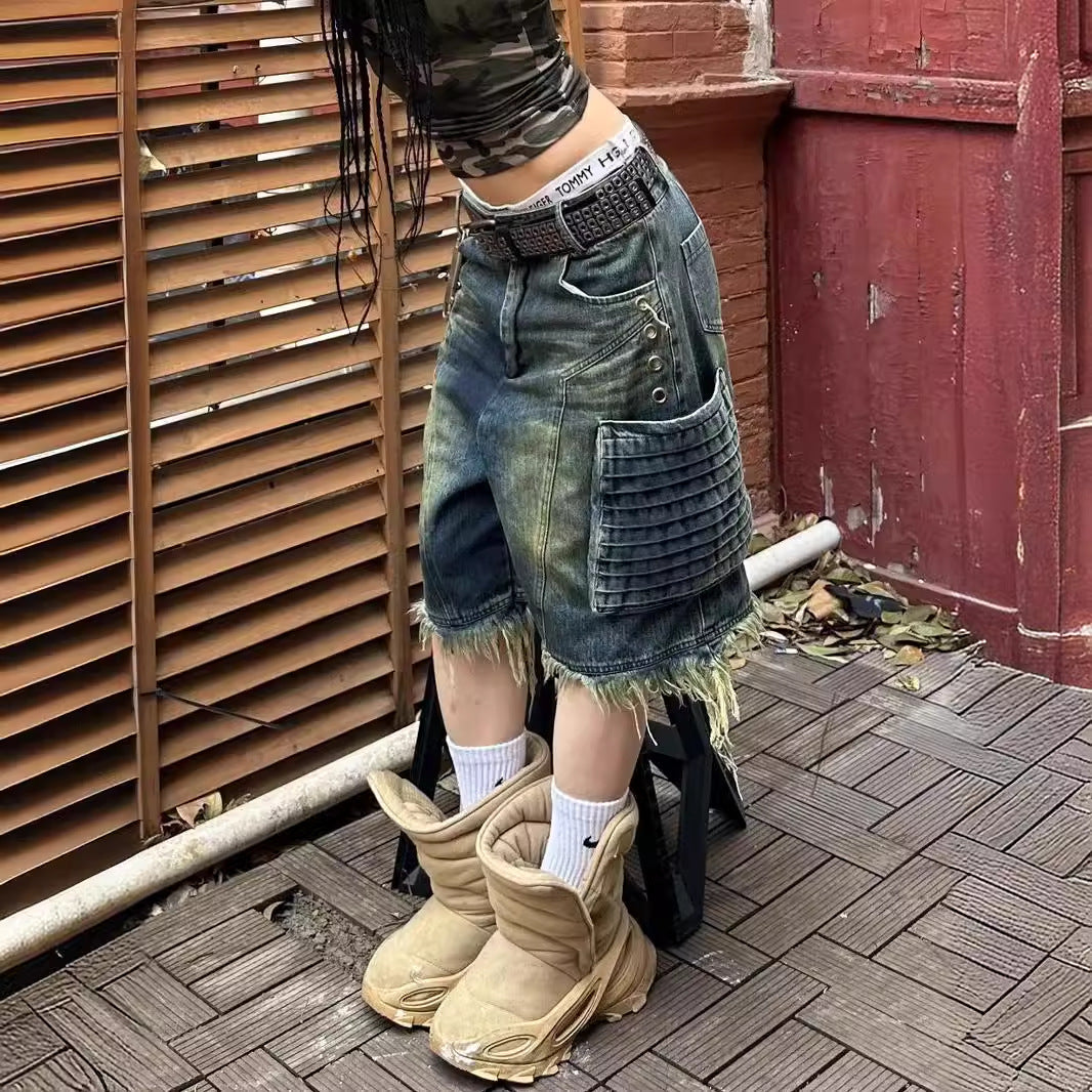 American Retro Plus Size Washed Denim Frayed Workwear With Pocket Cropped Pants