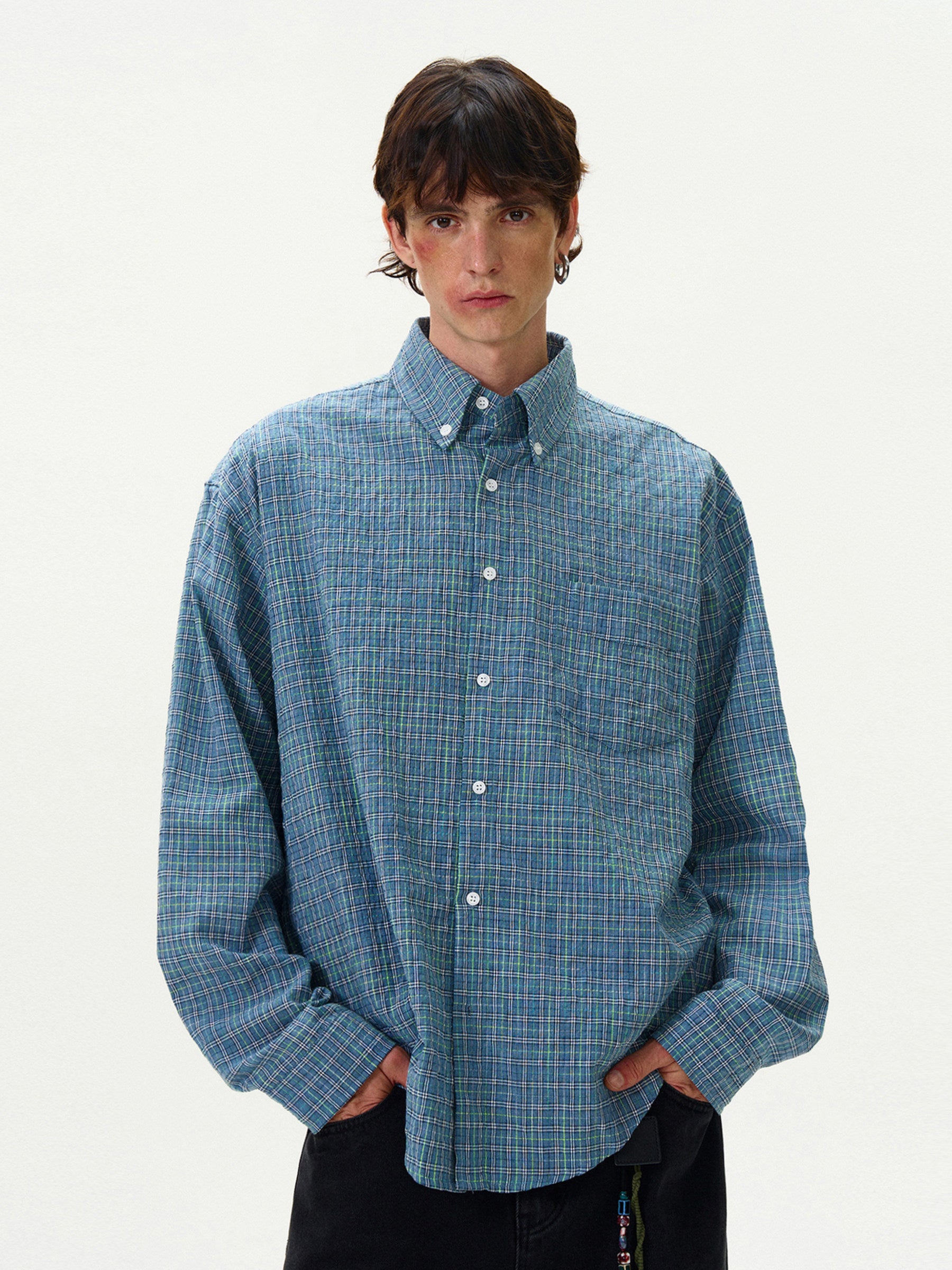 American Style Vintage Plaid Pleated Shirt