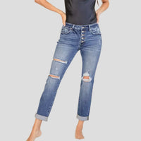 Womens Slim-Fit Ripped Cuffed Denim Jeans