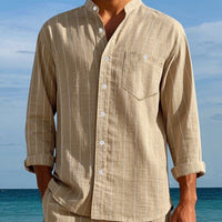 Men's Linen Fashion Shirt Striped Stand-up Collar Loose-fitting Breathable Casual