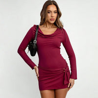 Sophisticated Mature-chic Design Wine-red Turtleneck Long-sleeve Figure-hugging Sheath Dress For Fall And Winter