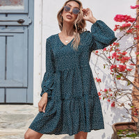 V-Neck Polka Dot Lantern Sleeve Long Sleeve Women High Waist Dress
