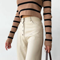 Autumn And Winter High Waist Leather Stitching Length Women's Casual Pants